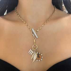 Diamond <b>Toggle</b> <b>Necklaces</b> 14K Solid Gold Rectangle 8Inch Rolo Chain Charm Holder Round Cut Lab Grown Layering <b>Necklaces</b> Wholesale - Product Image 5
