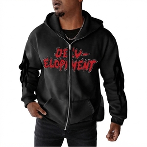 Men's White Zip-Up <b>Hoodie</b> <b>Red</b> Letter Print Hip Hop Style Regular Fit Cotton Knitted Front Logo Pocket Design Autumn Wear - Product Image 3