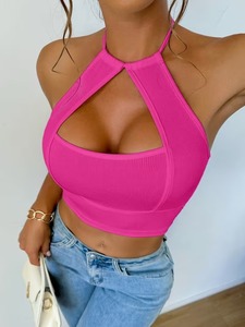 Seamless Ribbed Halter Neck Active <b>Crop</b> <b>Top</b> Keyhole Front Tie Back Gym Bra High Stretch Athletic Fitness Yoga Tank - Product Image 2