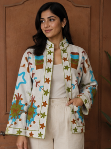 Luxury Handmade <b>star</b> mandala sunburst <b>Jacket</b> Cotton Turquoise Print White Base Hand Embroidered Look Boho Statement Jaipur Women - Product Image 2