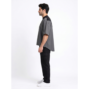 Camiseta Asimétrica Personalizada OEM para Hombre, Estilo Urbano, 450GSM, Algodón Pesado con Paneles de Nailon, Corte Holgado, Tallas 3XL y 2XL - Product Image 3