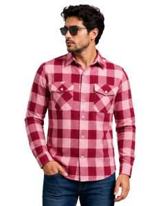 Chemise en flanelle à carreaux rose pour homme, manches longues, boutonnée, en coton, décontractée, avec poches poitrine, style streetwear, surchemise - Product Image 1