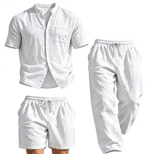 Ensemble de pyjama pour homme en coton blanc tricoté 140g, chemise à manches courtes et pantalon long, respirant, couleur unie, décontracté, pour l'été, coupe ample - Product Image 6