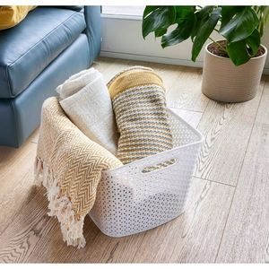 XL Curved Decorative Storage <b>Basket</b> Y Weave White <b>Plastic</b> Bin Nesting Cut Out Handles 11\" Cube Compatible Woven <b>Baskets</b> - Product Image 4