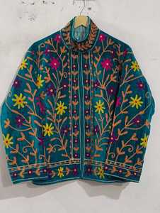 Handmade Vintage Boho Embroidered <b>Burgundy</b> <b>Velvet</b> Suzani Jacket Floral Chain Stitch Long Sleeve Turn Down Collar Casual <b>Dresses</b> - Product Image 4