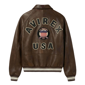 Chaqueta Bomber Estilo Avirex Vintage Marrón de Cuero Genuino y Lona Recubierta con Parches Bordados para Invierno y Uso Urbano - Product Image 2