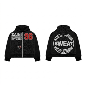 Sudadera con Capucha Premium de 350g, Mezcla de Algodón y Poliéster, Negra, con Paneles Texturizados, Cierre de Cremallera, Bordado Personalizado, Logotipo Impreso en Chenilla, para Hombre, Invierno - Product Image 1
