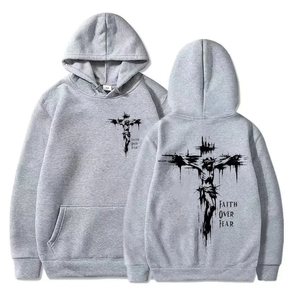 Sweat-shirt à capuche blanc pour homme avec imprimé croix, design Faith Over Fear, sweat-shirt décontracté en coton, coupe classique, vêtements d'automne - Product Image 5