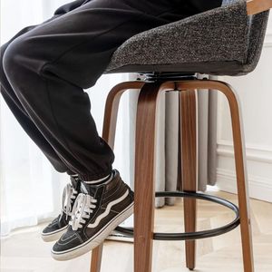 Mid Century Modern Bar <b>Stool</b> with Walnut Solid <b>Wood</b> Frame, Grey Linen Upholstered Counter Height Chair for Kitchen Island - Product Image 5
