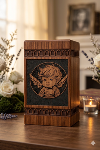 Urne funéraire en bois brun de style européen avec motif d'ange pour bébé, personnalisable - Product Image 1