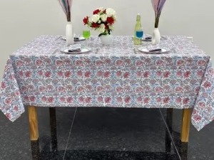 Indian Block Print Handmade Dining <b>Tablecloth</b> White Pink Flower Design Custom Size Cloth for Home Decor Farmhouse Style - Product Image 2