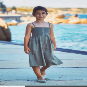 Beautiful Spring Wear Kids <b>Strap</b> Casual Gray Midi Dress Featuring With Front Buttons & Two Front Pockets Made With Pure Cotton - Product Image 2