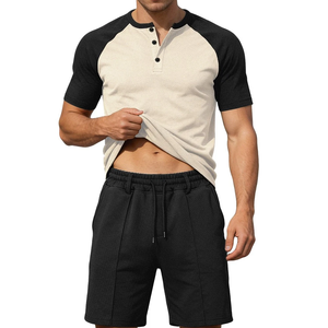 Conjunto de 2 Piezas para Hombre, Camisa Henley de Manga Corta y Pantalones Cortos de Playa para Verano, 100% Algodón, Tela de Velour - Product Image 3
