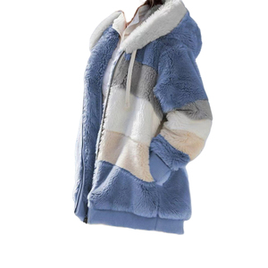 Veste d'hiver pour femme en fausse fourrure à capuche, patchwork, fermeture éclair, col amovible, chaude, écologique, manches longues, décontractée - Product Image 1