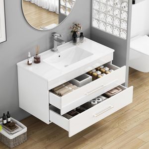 Mobile Bagno Sospeso Bianco Lucido da 36 Pollici con Doppio Cassetto, Sistema Soft-Close, Lavabo in Ceramica e Maniglia Lunga in Metallo - Facile Installazione - Product Image 3