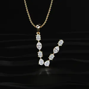 V Alphabet Diamond Pendant 14K Lab Created Gold Plated with <b>D</b>-E Color with VVS Clarity IGI Certified Solitaire Diamond <b>Necklace</b> - Product Image 1