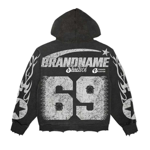 Custom Oversize Acid Wash Streetwear Sweatsuits Baggy Rhinestone Heavyweight <b>Tracksuit</b> Cotton Men High Quality Zipper Hoodie - Product Image 5