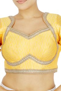 Yellow Embroidered Floral Print Women's <b>Crop</b> <b>Top</b> Blouse 100% <b>Silk</b> Brocade Fabric Short Sleeves Casual Party Wear - Product Image 2