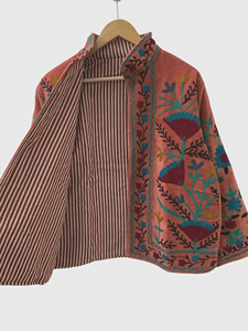 Chaqueta de Algodón con Bordado Floral a Mano, Cuello Mandarín, Manga Larga, Talla Grande, Estilo Prairie Chic para Mujer, Otoño - Product Image 3