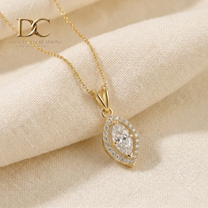 IGI Certified Jewelry for Women's 14KT <b>Solid</b> Yellow <b>Gold</b> Lab Grown Diamond Round Marquise Brilliant Cut <b>Pendant</b> Necklace - Product Image 3