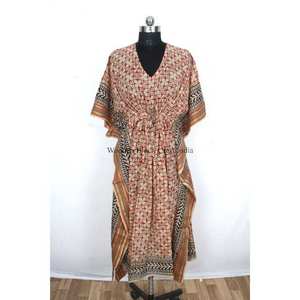 Kaftan indien 100% coton imprimé au bloc Bagru, cache-maillot de bain fait main, motif floral, longueur midi, taille naturelle, écologique, pour l'été et l'automne - Product Image 1