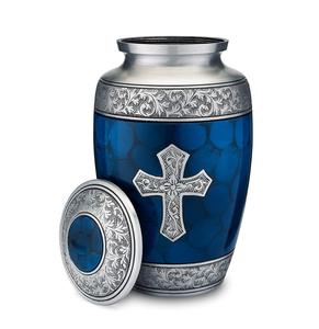 Urna de aluminio azul para cenizas humanas con diseño de cruz cristiana, urna funeraria metálica conmemorativa, tamaño adulto, urna de cremación de aluminio. - Product Image 1