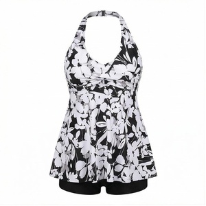 Women Floral Print Halter Tankini 2 Piece <b>Set</b> Plus Size with Ruched Twist Detail Front Logo and Shorts Bottom - Product Image 1