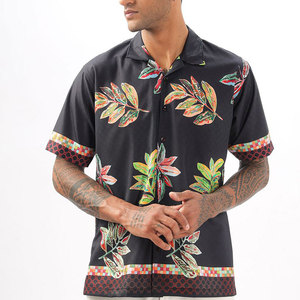 Chemise Hawaïenne Homme à Manches Courtes Imprimée Florale Col Rabattu Respirante pour Vacances en Popeline Noire - Product Image 1