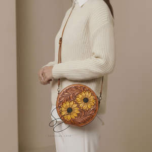 Handmade Genuine Leather Sunflower Crossbody Bag Western Floral Tooled Canteen <b>Purse</b> Women Custom Logo OEM - Product Image 3