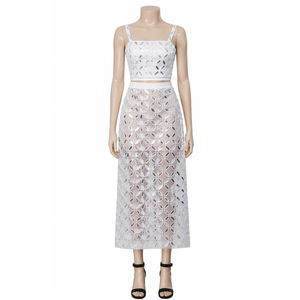 Luxury White Geometric Mirror Work Midi Dress for Women | Premium Designer Party Wear Dress for Events & Fashion Occasions dress - Product Image 1