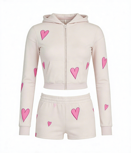Ensemble de survêtement décontracté 2 pièces pour femme 2026, imprimé cœurs roses, comprenant un sweat à capuche court zippé et un short, idéal pour le quotidien - Product Image 4