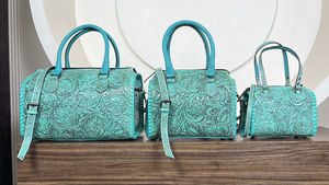 Handcrafted Turquoise Tooled Leather 3-Piece <b>Travel</b> Duffle <b>Set</b> Premium Cow Leather Overnight & Weekender Unisex Speedy Bag <b>Set</b> - Product Image 4