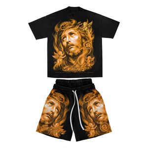 Ensemble t-shirt et short en coton 220 GSM de haute qualité, bleu et noir, avec détails rivets et logo imprimé en relief, 2 pièces. - Product Image 2