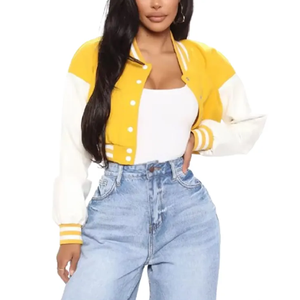 Blousons universitaires pour femmes personnalisés 100 % laine avec empiècements contrastants, style Letterman, bordure côtelée, fermeture à boutons-pression, coupe décontractée, streetwear - Product Image 3