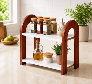 Étagère à épices double niveau en métal imitation bois, support de rangement pour condiments sur comptoir de cuisine - Product Image 2