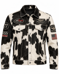 Veste de moto en cuir de vachette pour homme, noir et blanc, imprimé animal, avec patchs - Product Image 1