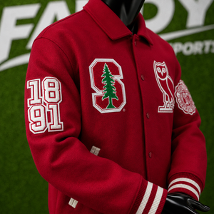 Custom Men Streetwear <b>Red</b> <b>Wool</b> Varsity Jacket Patchwork Embroidery Unisex Oversized Vintage Letterman Bomber Jacket Wholesales - Product Image 5