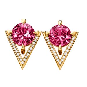 Pendientes geométricos de lujo en oro amarillo de 18 quilates con marco triangular, piedra preciosa rosa de corte redondo y detalles de diamantes en el borde. - Product Image 1