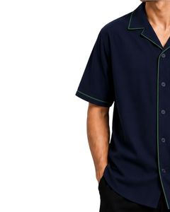 Manufacturer Custom <b>Navy</b> Blue Cuban Collar Men Shirt Green Contrast Piping Casual Half Sleeve Summer Streetwear Fashion <b>Top</b> Wear - Product Image 3