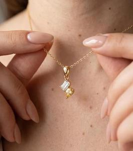 Modern Diamond Drop <b>Pendant</b> Of Yellow Pear & Emerald Cut in <b>Solid</b> <b>Gold</b> Elegant Minimalist <b>Pendant</b> Necklace Everyday Jewelry Gift - Product Image 3
