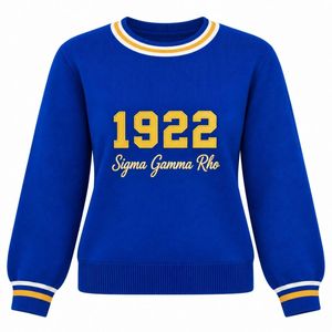 Pull en maille bleu roi pour femme à col ras du cou avec motif graphique Sigma Gamma Rho 1922 doré, col et poignets rayés - Product Image 1