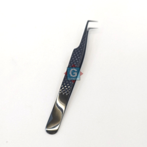 Pince à épiler antistatique en acier inoxydable de 10 mm, à pointe épaisse et dentelée, avec manche antidérapant, pour cils, modèle Gray Rocks Black Long Neck - Product Image 1