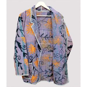 Hand Stitched Embroidered Black Kantha Reversible Mandarin Collar Winter Jacket <b>Coat</b> Indian Handmade Quilted Patchwork Kimono - Product Image 3