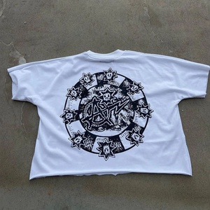 T-shirts personnalisés pour hommes à manches courtes en coton tricoté respirant, style vintage délavé à l'acide, coupe courte et carrée, en molleton bouclette avec strass, grandes tailles - Product Image 4