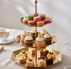 Artisanal Gold 3-Tier Geometric <b>Cake</b> <b>Stand</b> Handmade Metal Display Tray For Weddings Events Birthdays and Other Occasions - Product Image 3