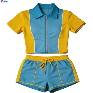 Conjunto deportivo de 2 piezas para mujer, en bloques de color rosa y beige, de moda y gran venta, con top de manga corta con cremallera y logotipo bordado. - Product Image 6