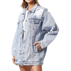 <b>Womens</b> Washed Denim <b>Jacket</b> Boxy Fit Full Sleeve Turn-down Collar Frayed Details <b>Spring</b> Casual Outerwear - Product Image 6