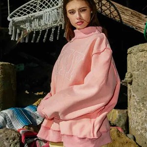 Oversized Pink Crew <b>Neck</b> <b>Mock</b> <b>Neck</b> Sweatshirt Embroidered PRAY Letter Front 100 Cotton French Terry Unisex Pullover Autumn Style - Product Image 2