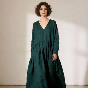 Robe longue décontractée unie pour femme, style bohème vintage, col en V, manches longues, longueur cheville, robe d'été décontractée - Product Image 1