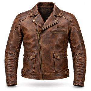 Blouson de motard vintage en cuir de vachette marron vieilli pour homme, avec fermeture éclair asymétrique, vêtements d'hiver OEM - Product Image 1